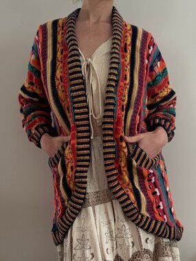 Leoniak Vintage 3D Knit Cardigan 100% Cotton Coogi Style Textured Rainbow S
